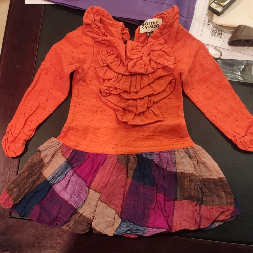 Sz 9-12 Month Sophie Catalou Orange Ruffled Long Sleeve Dress with Plaid Skirt